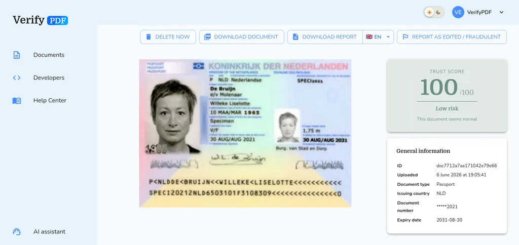 Wynik weryfikacji dokumentu tożsamości w VerifyPDF z typem dokumentu, krajem wystawienia, zamaskowanym numerem dokumentu i datą ważności