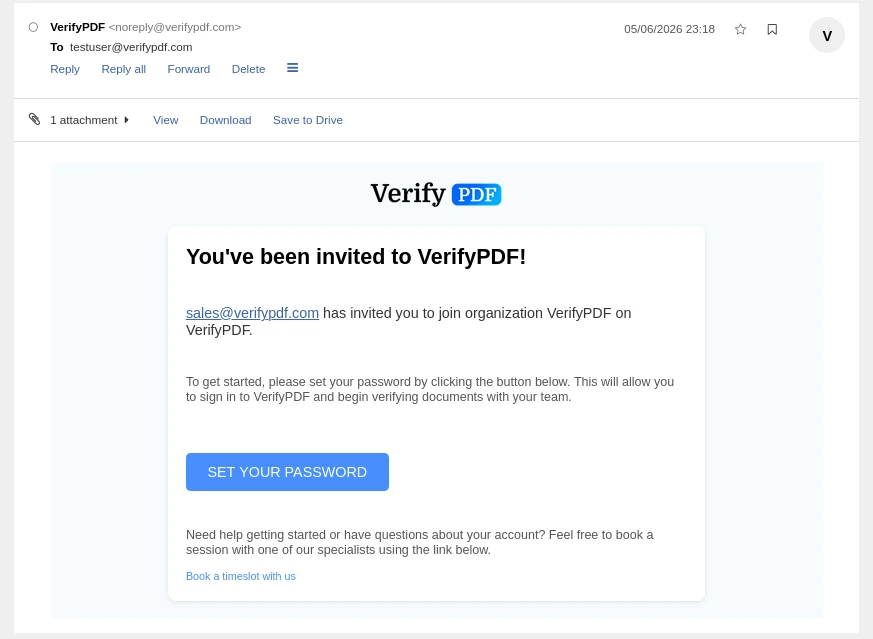 The invitation email shows who invited you and the organization you are joining, with a button to set your password that accepts the invitation.