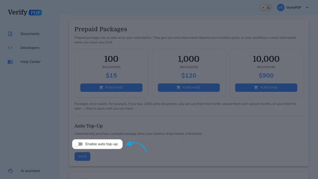 The automatic top-up controls in Prepaid Packages: turn it on, set the balance threshold that triggers a refill and choose which bundle to buy. When your prepaid balance falls below the threshold, VerifyPDF buys that bundle through Stripe so verifications never stop.
