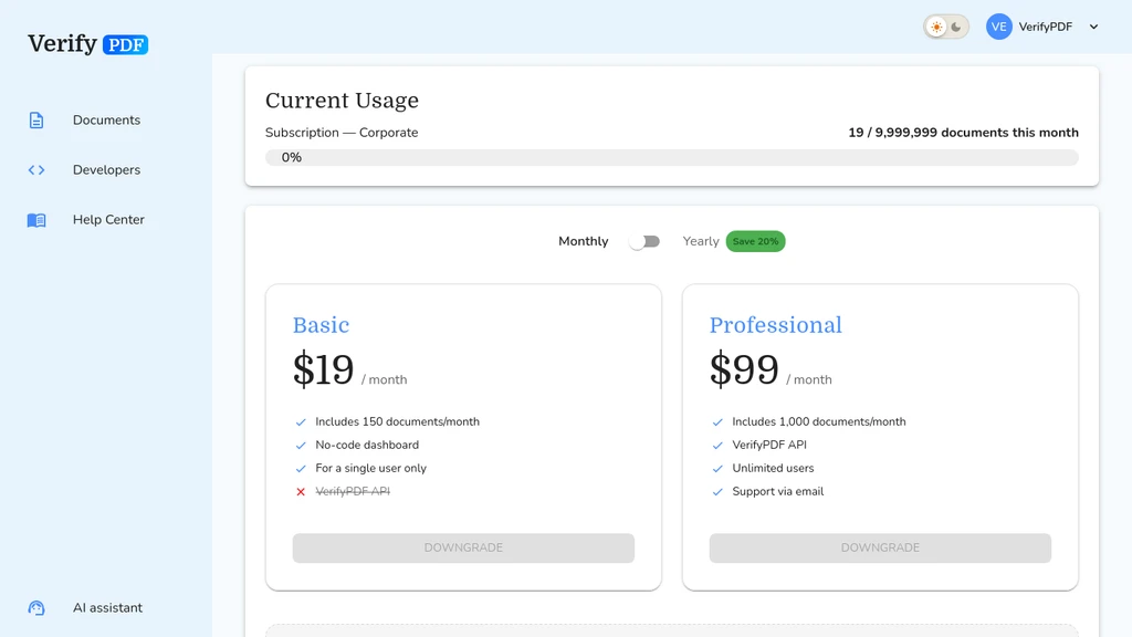 Change your plan from the Billing page: an upgrade applies right away with a prorated charge you see before you confirm, a downgrade applies at the end of your billing period.