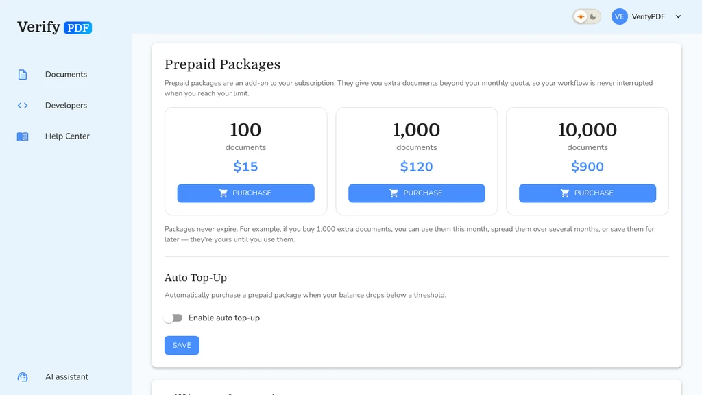 The Prepaid Packages card on the Billing page, where you buy one-time document bundles through Stripe. Prepaid documents are used only after your monthly allowance runs out and they do not expire.