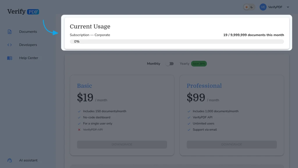 The Billing page shows your current plan, your used and remaining documents for this period, your prepaid balance (kept separate from the monthly allowance) and your next payment date.
