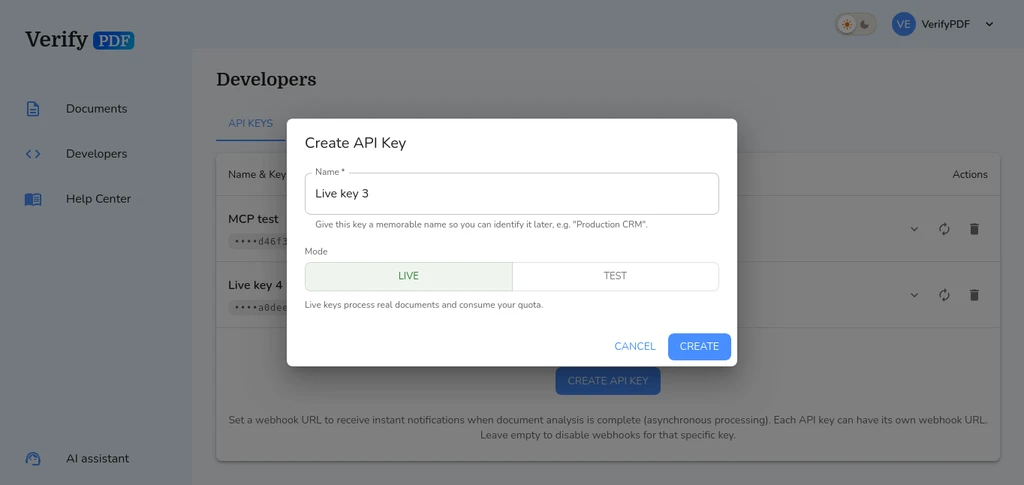 The Create API Key dialog with the Mode toggle set to choose between a live key and a test key.