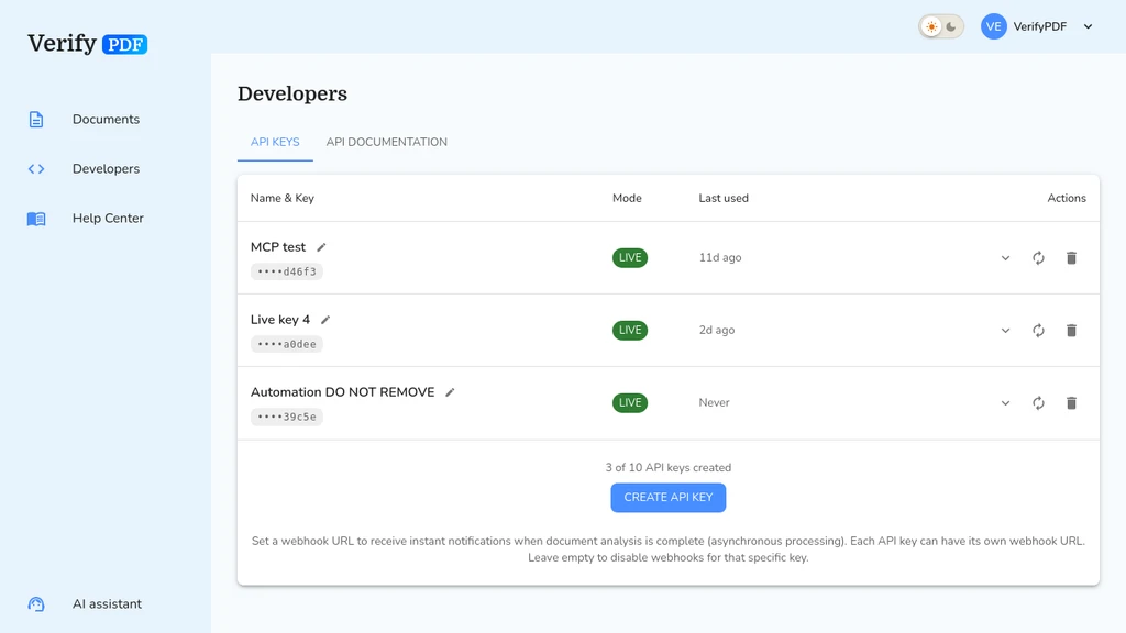 The Developers section lists your API keys, each masked to its last few characters and tagged Test or Live with its last-used time. Select Create API key to add one, up to 10 keys shared across your organization. The full key is shown only once, at creation.
