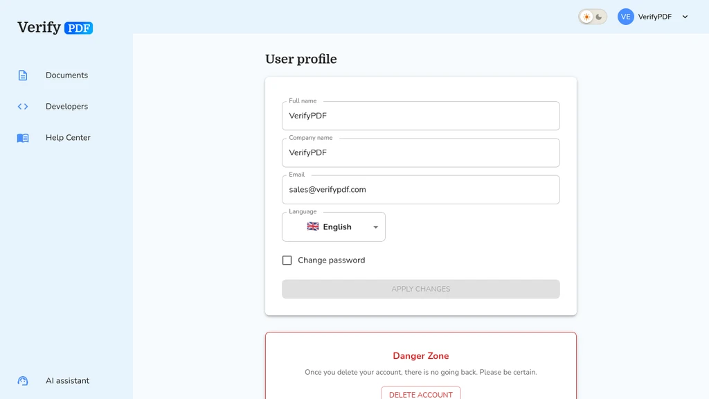 The Edit Profile page, where you update your name, company name, email and language. Changing your email or password asks for your current password as a security re-check; the other fields save without it. Account deletion lives in the Danger Zone.
