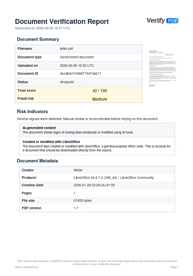 The PDF report opens with a document summary of the filename, document type, trust score and fraud risk, followed by the risk indicators and the document metadata. The report can be downloaded in any of the supported languages.