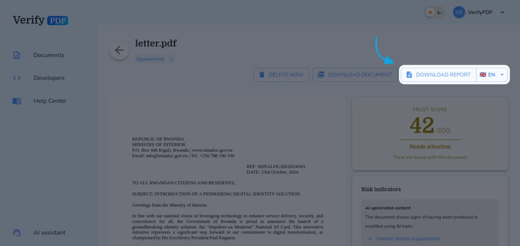 Open a document's detail view to download its PDF report or switch the report language before you save or share it.