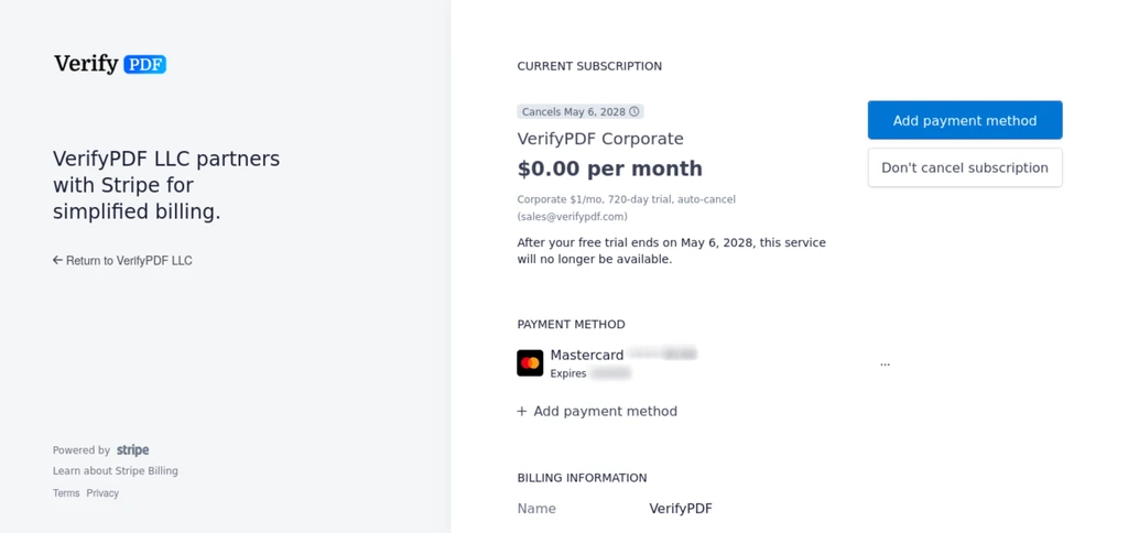 Inside the Stripe customer portal you can see your current subscription, view and download your invoices and update the card on file.