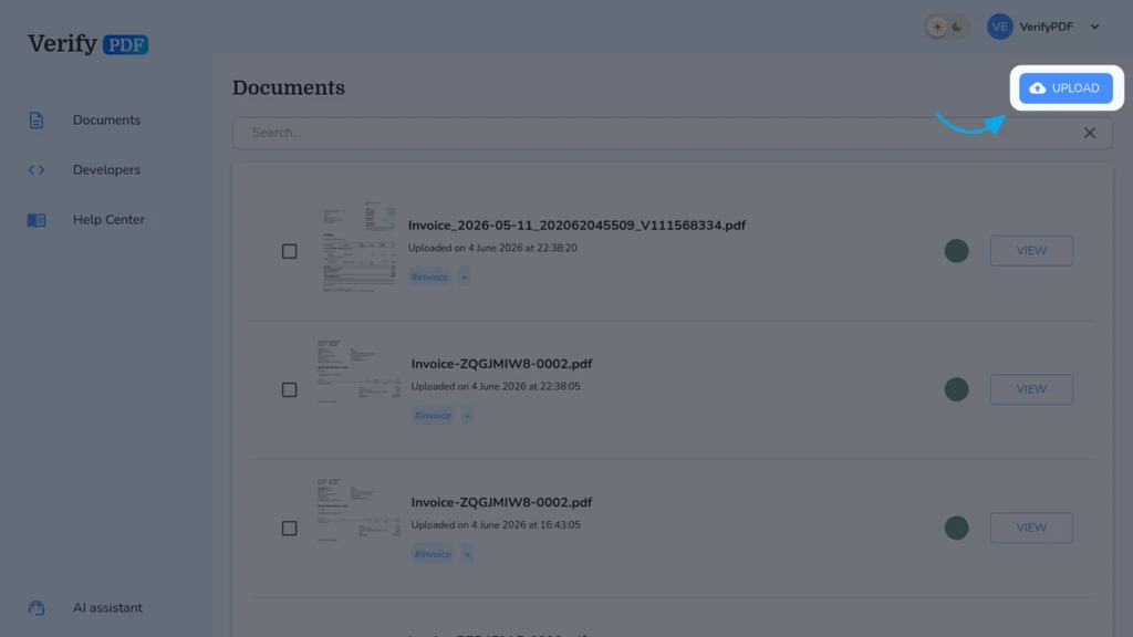 On the Documents page, select Upload in the top-right to open the upload panel. The button is disabled when you have no documents left in your allowance.