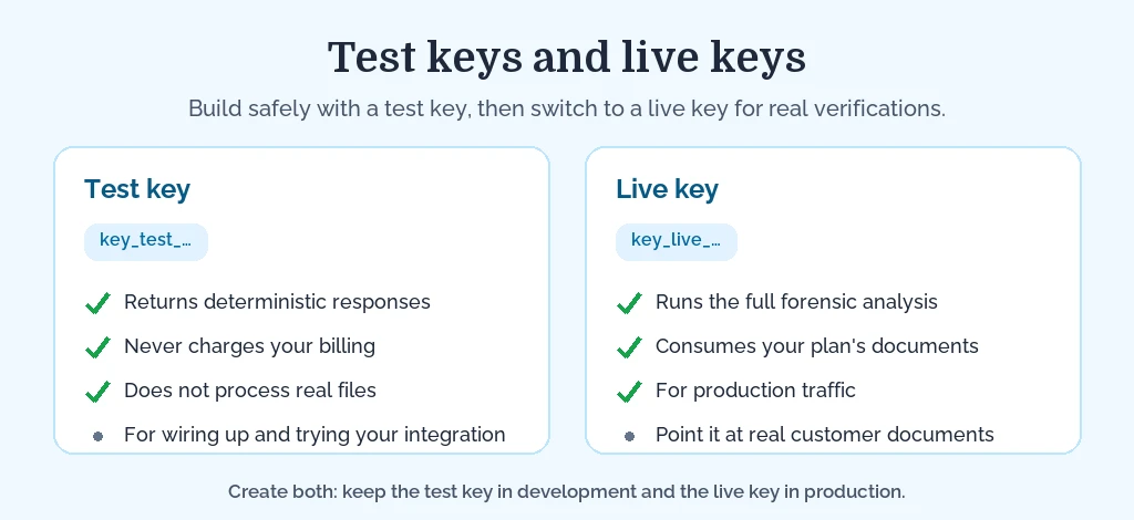 A test key returns deterministic responses and never touches billing or real files; a live key runs the full analysis and consumes your plan's documents.