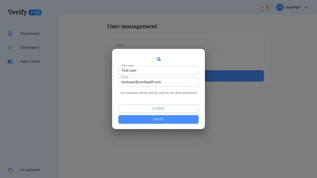 The Add a new user form in User management: enter your colleague's full name and email, then Invite. VerifyPDF emails them a link to set their own password, and they start as a regular member.