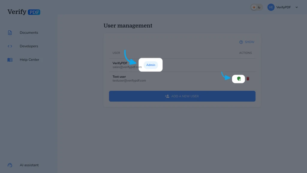 User management lists each member with their role. An Admin badge marks admins, the shield promotes a member to admin and the trash icon removes a regular member. You cannot delete a member who is still an admin.