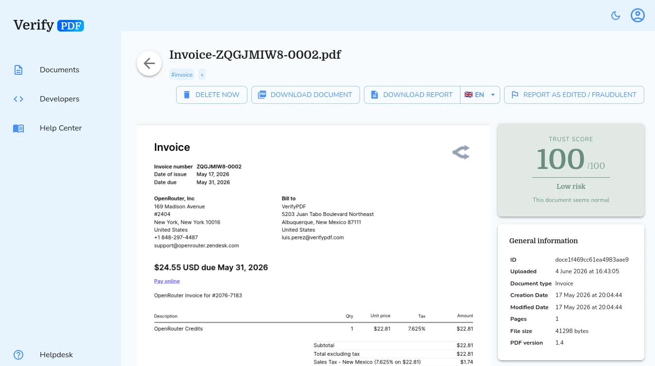 The document detail view shows the PDF preview in the centre, the trust-score or fraud-risk card on the right, a summary of any changes made after the PDF was created, the list of fraud-risk indicators and the PDF metadata. From here you can download the document, download a verification report in your language or delete it.