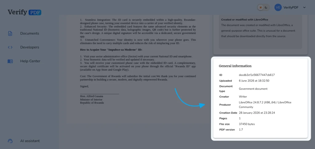The General information panel lists the PDF metadata: the document ID, the upload time, the document type, the creator and producer, the creation date, the page count, the file size and the PDF version.