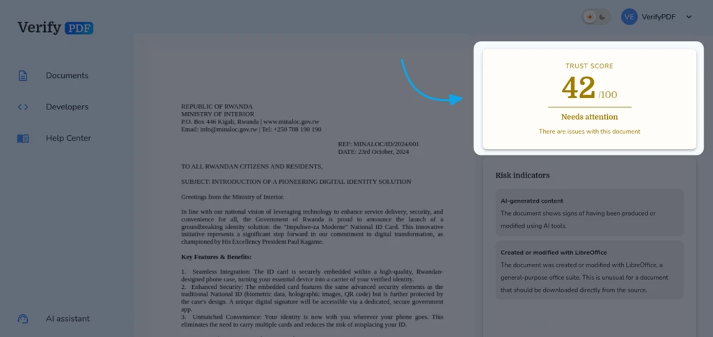 The result card shows the trust score out of 100 together with its fraud-risk rating, here a 42 that needs attention.