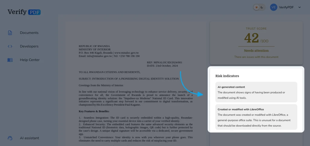 The fraud-risk indicators panel lists each active warning in plain language, ordered by severity and filtered to what matters for that document type. The strongest signals appear first.